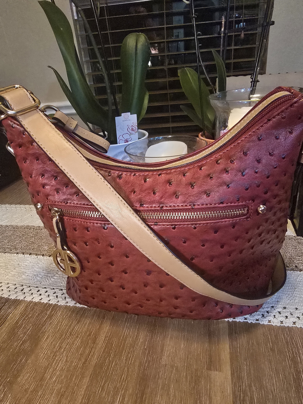 Giani Bernini Red Faux Ostrich Leather Hobo Shoulder Bag With Gold Charm